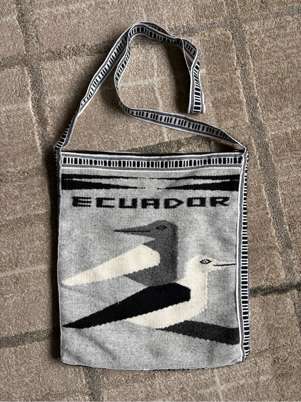 traditional vintage Ecuadorian woven wool crossbody bag gray black white